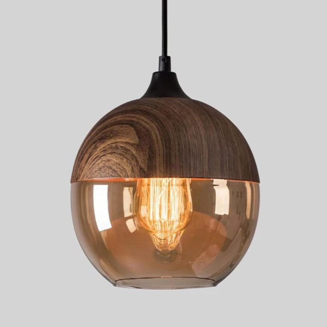 Scandinavian Chic Wooden Ceiling Light with Tinted Glass