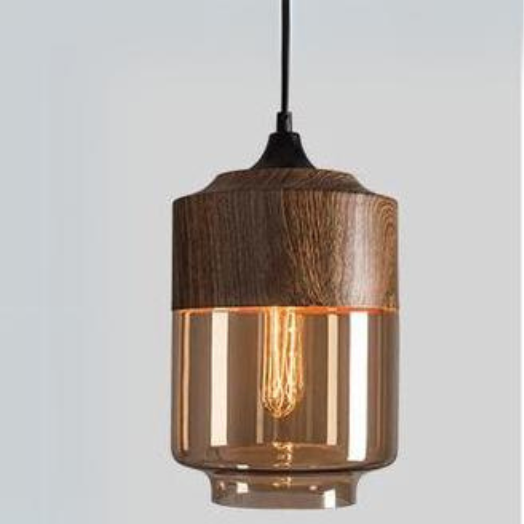 Scandinavian Chic Wooden Ceiling Light with Tinted Glass