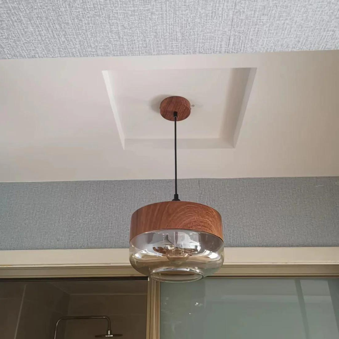Scandinavian Chic Wooden Ceiling Light with Tinted Glass