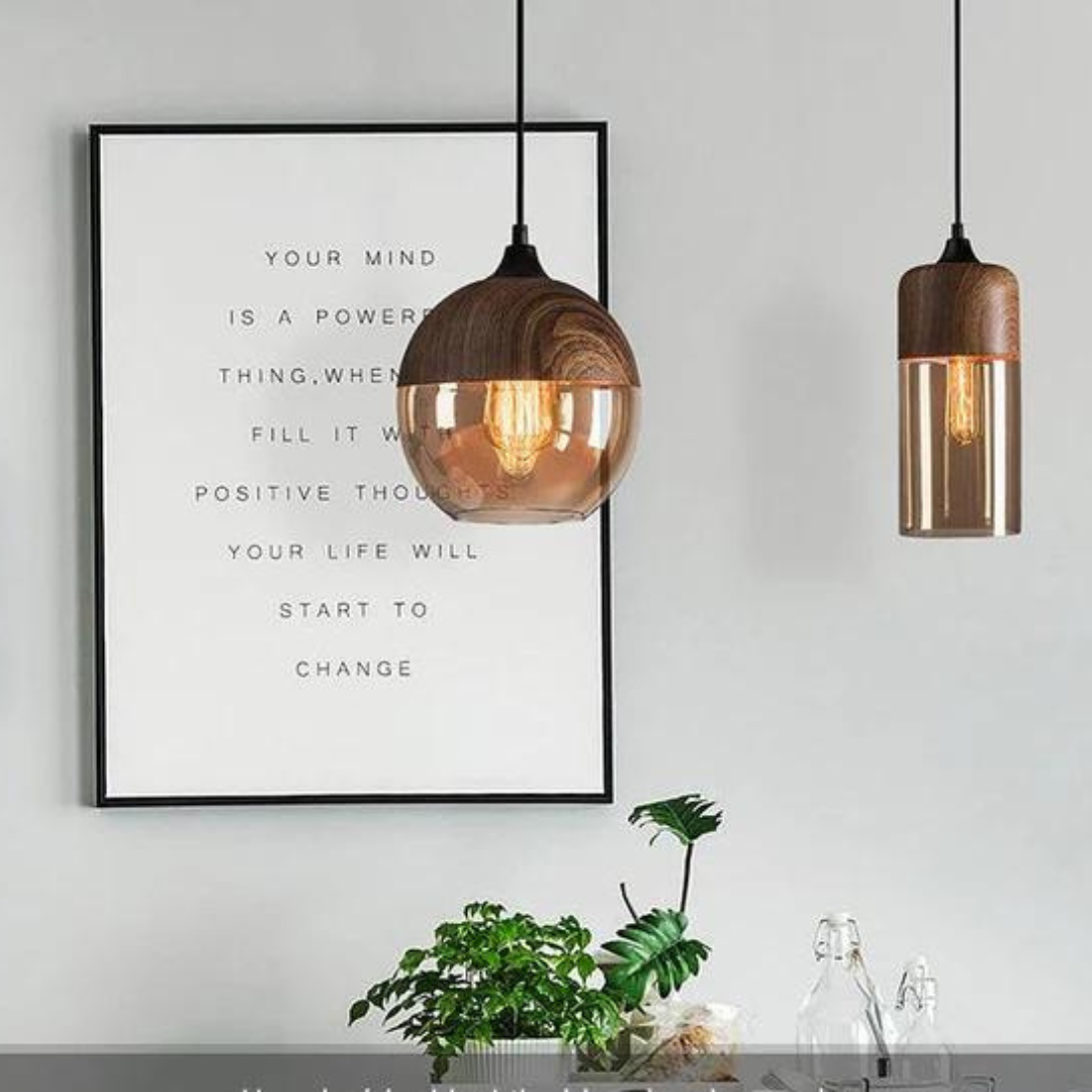 Scandinavian Chic Wooden Ceiling Light with Tinted Glass