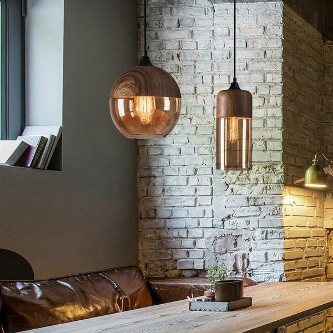 Scandinavian Chic Wooden Ceiling Light with Tinted Glass