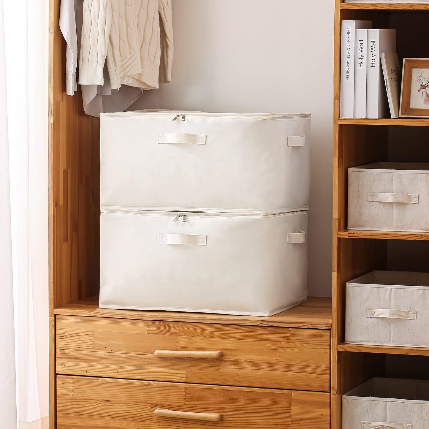 Canvas Storage Bag Set with Double Zipper, Handles, and Clear Window